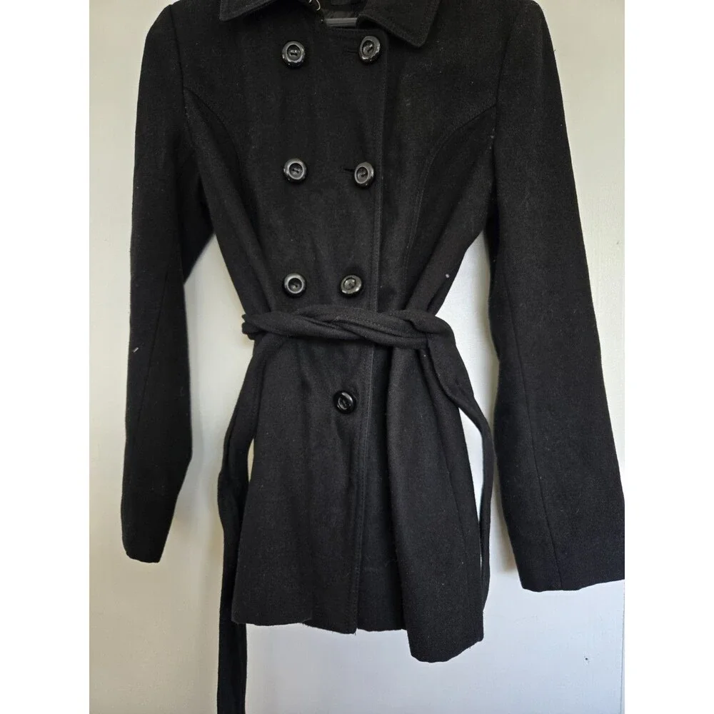 Nine West Womens 8 Black Wool Blend‎ Belted Peacoat Winter Old Money Classy